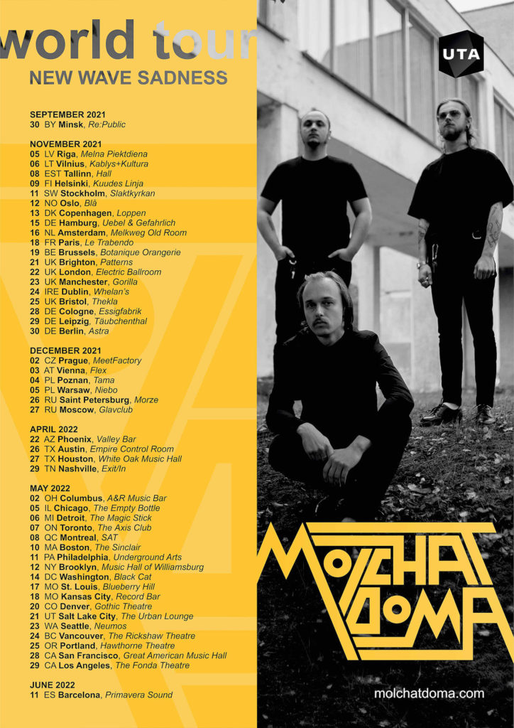 Flier of show dates for Molchat Doma's 'New Wave Sadness' upcoming world tour.