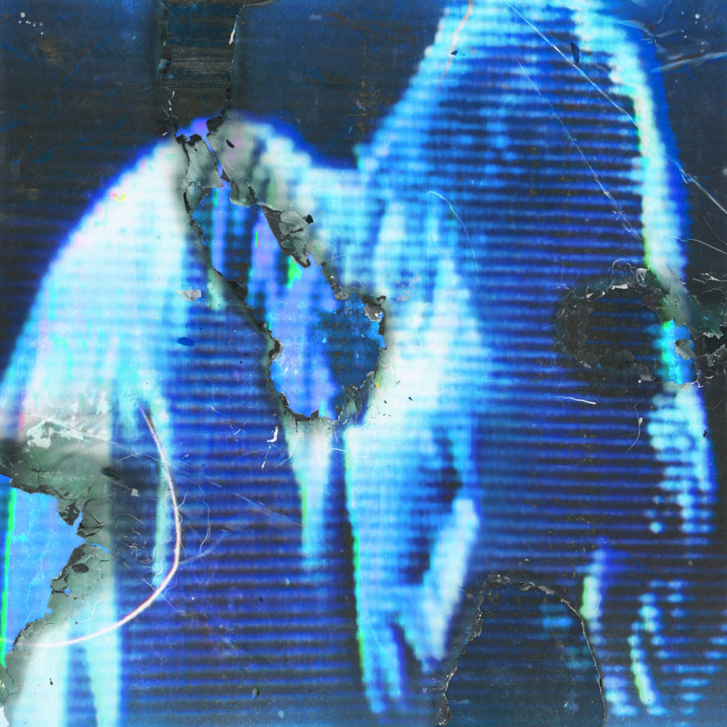 Album art for Buzz Kull's album, Fascination, featuring a distorted and burned blue image of a man in VHS grain effect